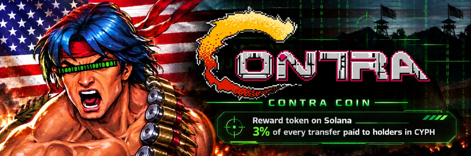 A run and gun soldier with a binary visor beside a pixel CONTRA wordmark with a flaming C, over the line reward token on Solana, 3 percent of every transfer paid to holders in CYPH