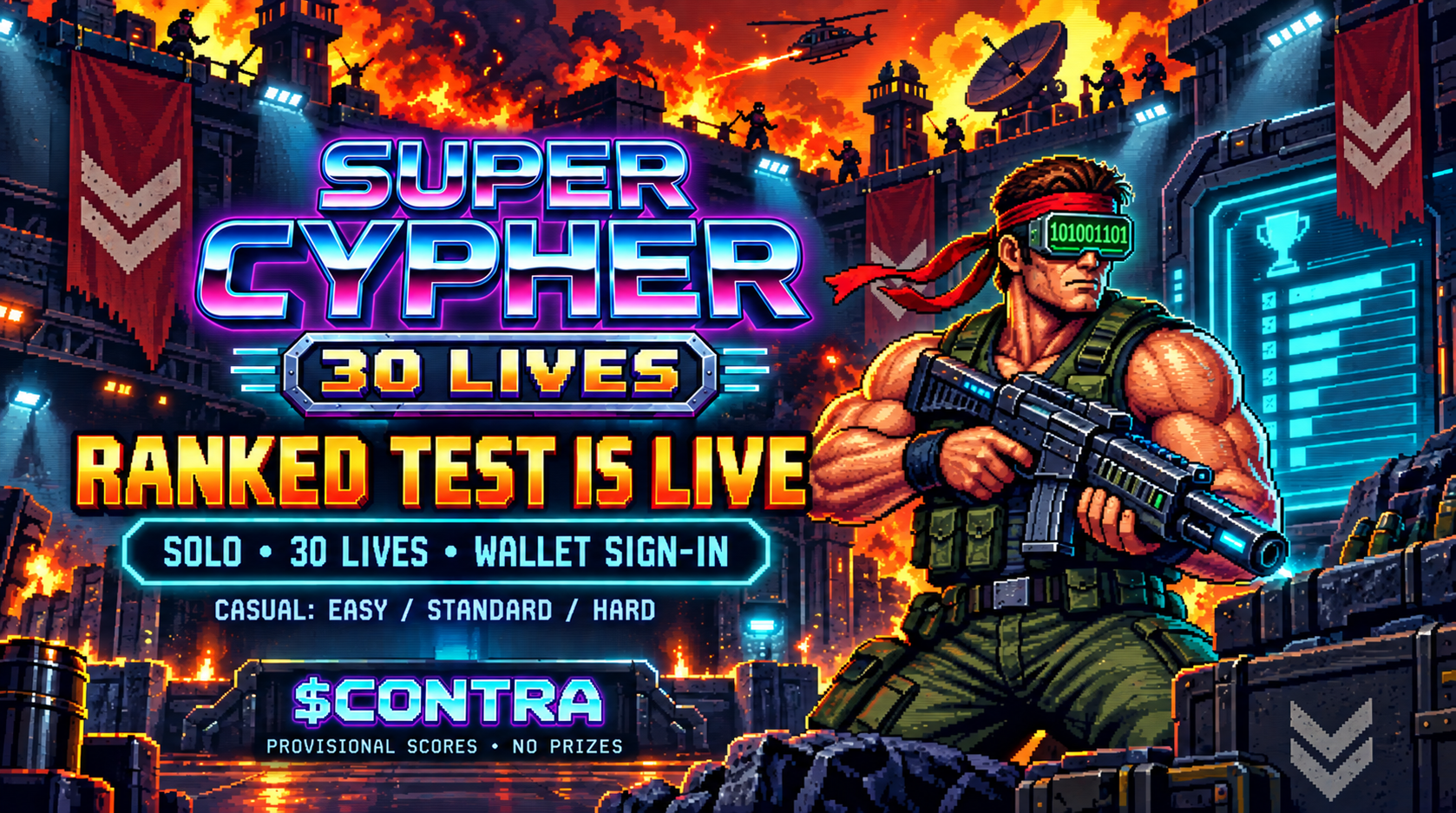 SUPER CYPHER: 30 Lives ranked test. Solo, wallet sign-in required. Casual Easy, Standard, and Hard. Provisional scores, no prizes.